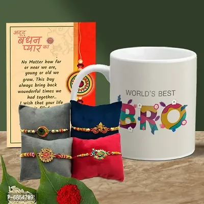 Rakhi Gift for Brother Printed Coffee Mug with 4 Rakhi, Greeting Card, Roli, chawal-thumb0