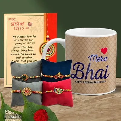 Rakhi Gift for Brother Printed Coffee Mug with 4 Rakhi, Greeting Card, Roli, chawal-thumb0