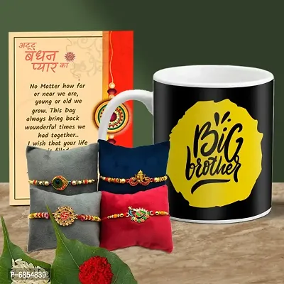 Rakhi Gift for Brother Printed Coffee Mug with 4 Rakhi, Greeting Card, Roli, chawal-thumb0