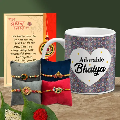 Rakhi Gift for Brother Printed Coffee Mug with 4 Rakhi, Greeting Card