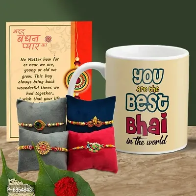 Rakhi Gift for Brother Printed Coffee Mug with 4 Rakhi, Greeting Card, Roli, chawal