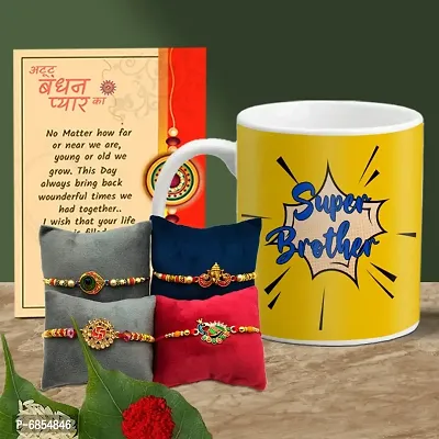 Rakhi Gift for Brother Printed Coffee Mug with 4 Rakhi, Greeting Card, Roli, chawal