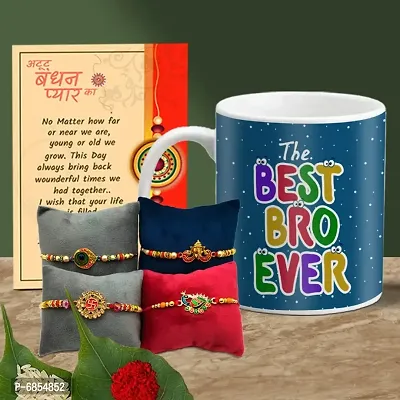 Rakhi Gift for Brother Printed Coffee Mug with 4 Rakhi, Greeting Card, Roli, chawal-thumb0