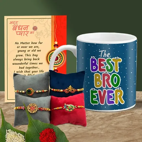 Rakhi Gift for Brother Printed Coffee Mug with 4 Rakhi, Greeting Card, Roli, chawal