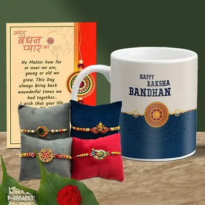 Rakhi Gift for Brother Printed Coffee Mug with 4 Rakhi, Greeting Card, Roli, chawal-thumb0