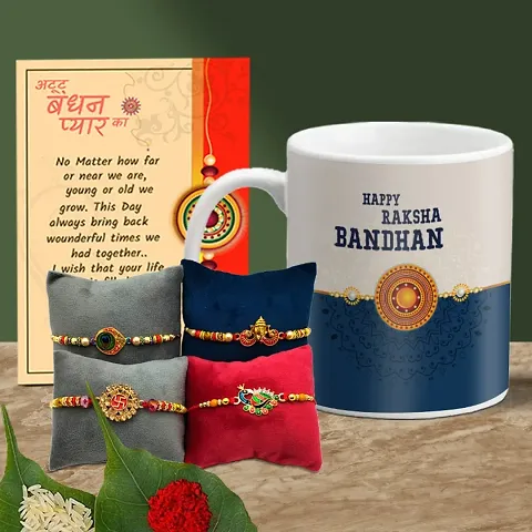 Rakhi Gift for Brother Printed Coffee Mug with 4 Rakhi, Greeting Card, Roli, chawal