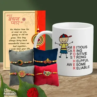 Rakhi Gift for Brother Printed Coffee Mug with 4 Rakhi, Greeting Card, Roli, chawal