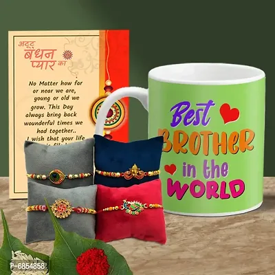 Rakhi Gift for Brother Printed Coffee Mug with 4 Rakhi, Greeting Card, Roli, chawal