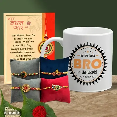 Rakhi Gift for Brother Printed Coffee Mug with 4 Rakhi, Greeting Card, Roli, chawal