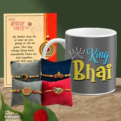 Rakhi Gift for Brother Printed Coffee Mug with 4 Rakhi, Greeting Card, Roli, chawal-thumb0