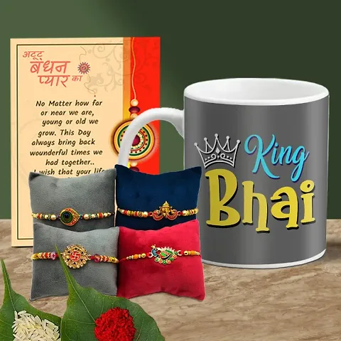 Rakhi Gift for Brother Printed Coffee Mug with 4 Rakhi, Greeting Card, Roli, Chawal