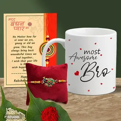 Rakhi Gift for Brother Printed Coffee Mug with Rakhi, Greeting Card, Roli, chawal-thumb0