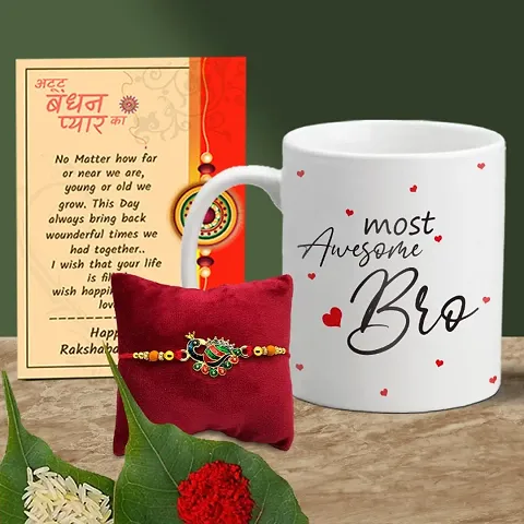 Rakhi Gift Combo- Printed Coffee Mug with Rakhi, Greeting Card