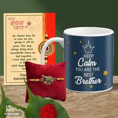 Rakhi Gift for Brother Printed Coffee Mug with Rakhi, Greeting Card, Roli, chawal