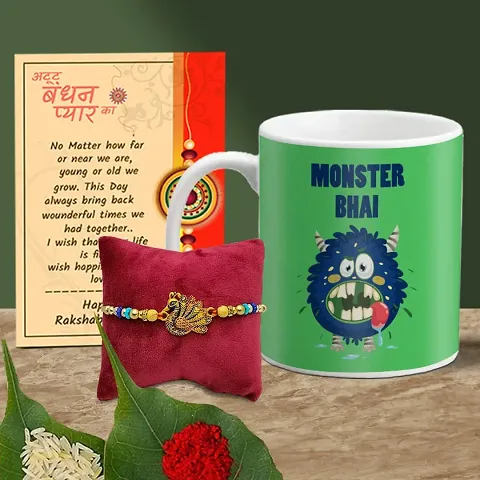 Rakhi Gift for Brother Printed Coffee Mug with Rakhi, Greeting Card