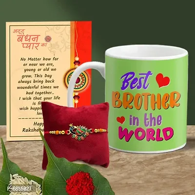 Rakhi Gift for Brother Printed Coffee Mug with Rakhi, Greeting Card, Roli, chawal