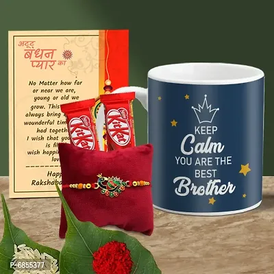 Rakhi Gift for Brother Printed Coffee Mug, 2 chocolates, Greeting card, Rakhi, Roli, chawal