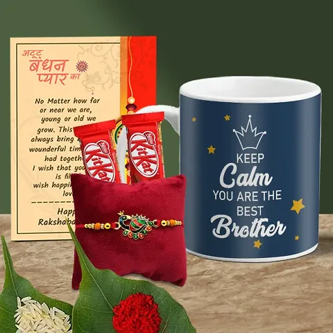 Rakhi Gift for Brother Printed Coffee Mug, 2 chocolates, Greeting card, Rakhi, Roli, chawal