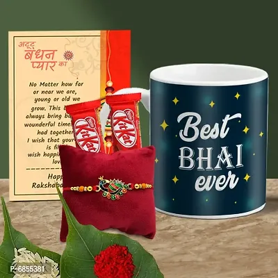 Rakhi Gift for Brother Printed Coffee Mug, 2 chocolates, Greeting card, Rakhi, Roli, chawal