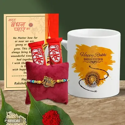 Rakhi Gift for Brother Printed Coffee Mug, 2 chocolates, Greeting card, Rakhi, Roli, chawal