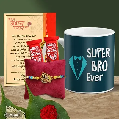 Rakhi Gift for Brother Printed Coffee Mug, 2 chocolates, Greeting card, Rakhi, Roli, chawal