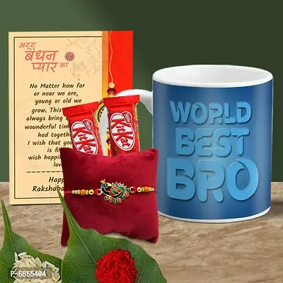 Rakhi Gift for Brother Printed Coffee Mug, 2 chocolates, Greeting card, Rakhi, Roli, chawal