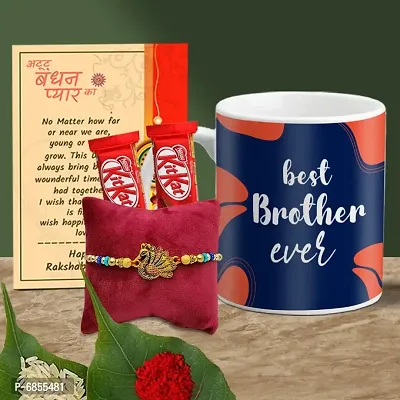 Rakhi Gift for Brother Printed Coffee Mug, 2 chocolates, Greeting card, Rakhi, Roli, chawal