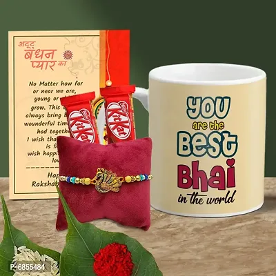 Rakhi Gift for Brother Printed Coffee Mug, 2 chocolates, Greeting card, Rakhi, Roli, chawal