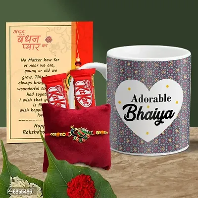 Rakhi Gift for Brother Printed Coffee Mug, 2 chocolates, Greeting card, Rakhi, Roli, chawal