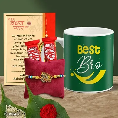 Rakhi Gift for Brother Printed Coffee Mug, 2 chocolates, Greeting card, Rakhi, Roli, chawal