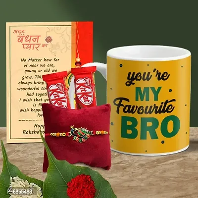 Rakhi Gift for Brother Printed Coffee Mug, 2 chocolates, Greeting card, Rakhi, Roli, chawal-thumb0