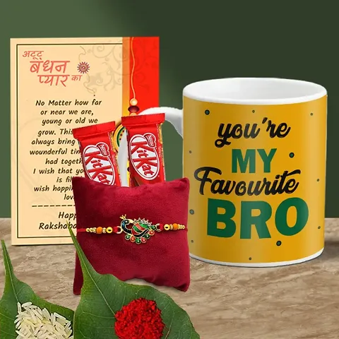 Rakhi Gift for Brother Printed Coffee Mug, 2 Chocolates, Greeting card, Rakhi