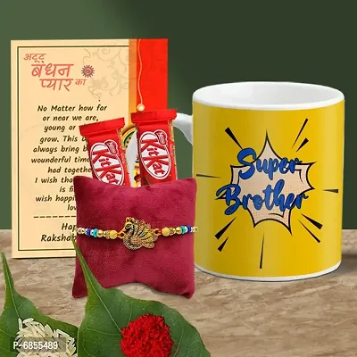 Rakhi Gift for Brother Printed Coffee Mug, 2 chocolates, Greeting card, Rakhi, Roli, chawal