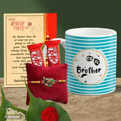 Rakhi Gift for Brother Printed Coffee Mug, 2 chocolates, Greeting card, Rakhi, Roli, chawal