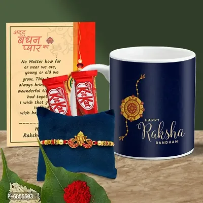 Rakhi Gift for Brother Printed Coffee Mug, 2 chocolates, Greeting card, Rakhi, Roli, chawal