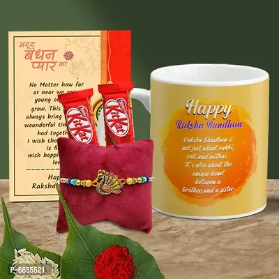 Rakhi Gift for Brother Printed Coffee Mug, 2 chocolates, Greeting card, Rakhi, Roli, chawal