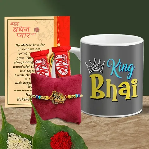 Rakhi Gift for Brother Printed Coffee Mug, 2 Chocolates, Greeting card, Rakhi, Roli, Chawal