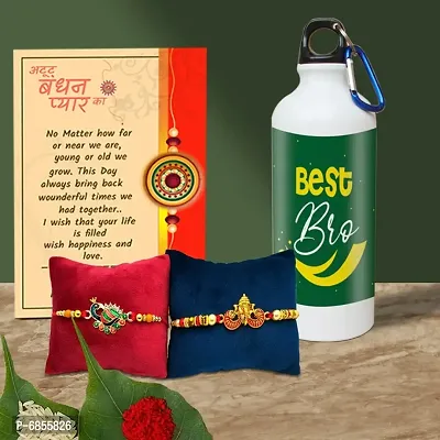 Rakhi Gift for Brother Printed Shipper bottle with 2 Rakhi, Greeting card, Roli, chawal