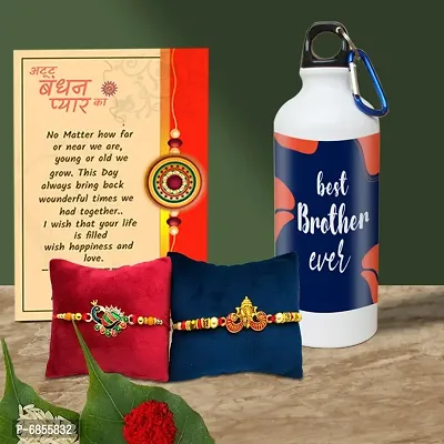 Rakhi Gift for Brother Printed Shipper bottle with 2 Rakhi, Greeting card, Roli, chawal