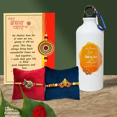 Rakhi Gift for Brother Printed Shipper bottle with 2 Rakhi, Greeting card, Roli, chawal-thumb0