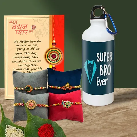 Rakhi Gift for Brother Printed Shipper bottle with 4 Rakhi, Greeting card, Roli, chawal