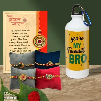 Rakhi Gift for Brother Printed Shipper bottle with 4 Rakhi, Greeting card, Roli, chawal-thumb0