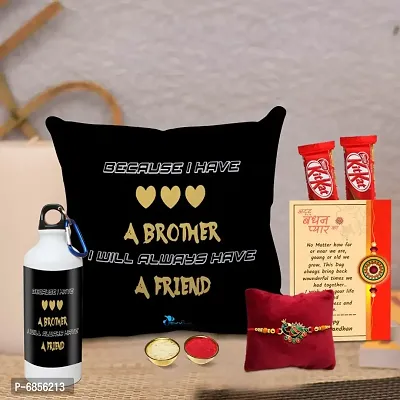 Rakhi Gift for Brother Printed Cushion cover with filler, Shipper bottle, 2 chocolates, Greeting card, Rakhi, Roli, chawal-thumb0