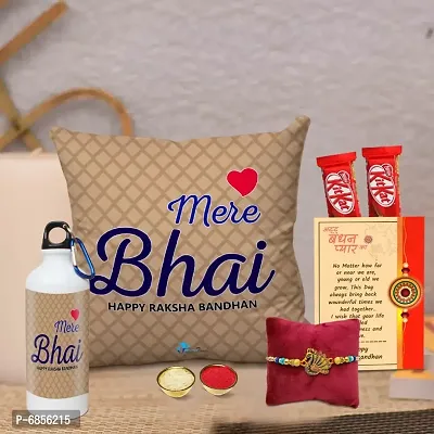 Rakhi Gift for Brother Printed Cushion cover with filler, Shipper bottle, 2 chocolates, Greeting card, Rakhi, Roli, chawal