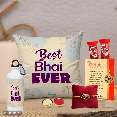 Rakhi Gift for Brother Printed Cushion cover with filler, Shipper bottle, 2 chocolates, Greeting card, Rakhi, Roli, chawal