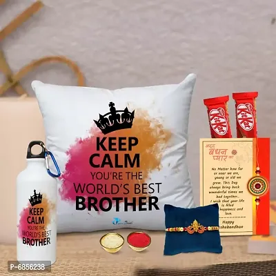 Rakhi Gift for Brother Printed Cushion cover with filler, Shipper bottle, 2 chocolates, Greeting card, Rakhi, Roli, chawal-thumb0