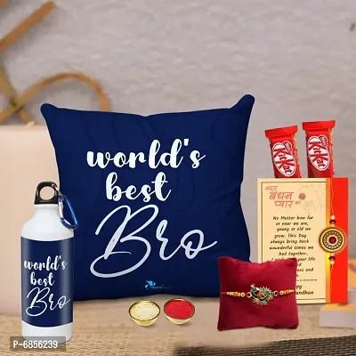 Rakhi Gift for Brother Printed Cushion cover with filler, Shipper bottle, 2 chocolates, Greeting card, Rakhi, Roli, chawal-thumb0