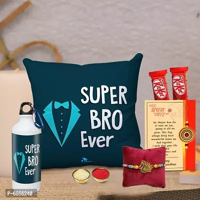 Rakhi Gift for Brother Printed Cushion cover with filler, Shipper bottle, 2 chocolates, Greeting card, Rakhi, Roli, chawal-thumb0