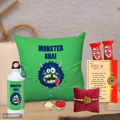 Rakhi Gift for Brother Printed Cushion cover with filler, Shipper bottle, 2 chocolates, Greeting card, Rakhi, Roli, chawal-thumb0