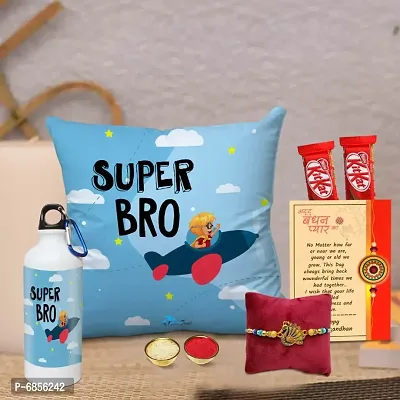 Rakhi Gift for Brother Printed Cushion cover with filler, Shipper bottle, 2 chocolates, Greeting card, Rakhi, Roli, chawal-thumb0